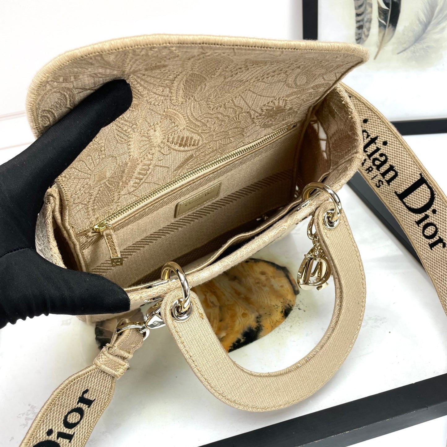 Dior Elegant Beige Embroidered Canvas Handbag with Shoulder Strap