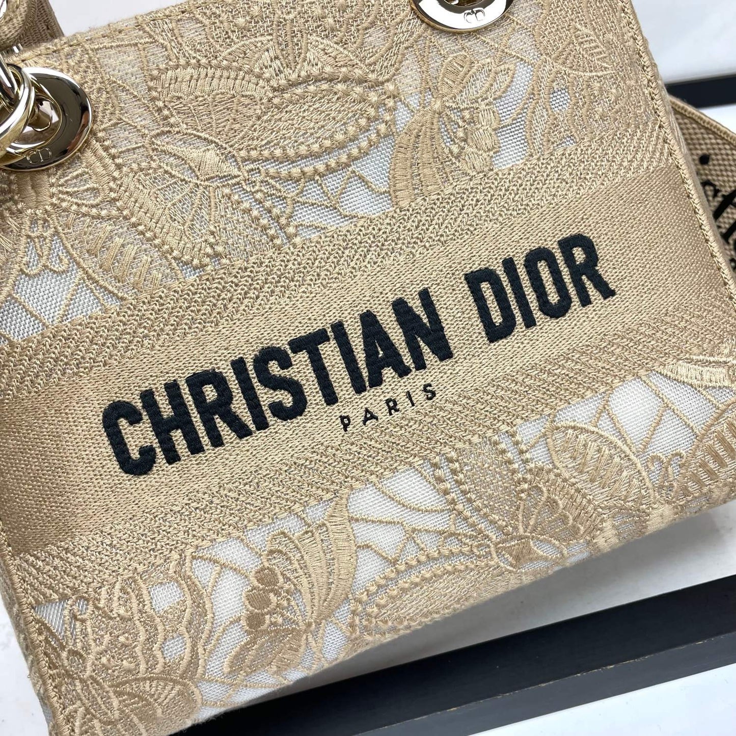 Christian Dior Lady D-Lite Beige Leaf Embroidered Medium Handbag