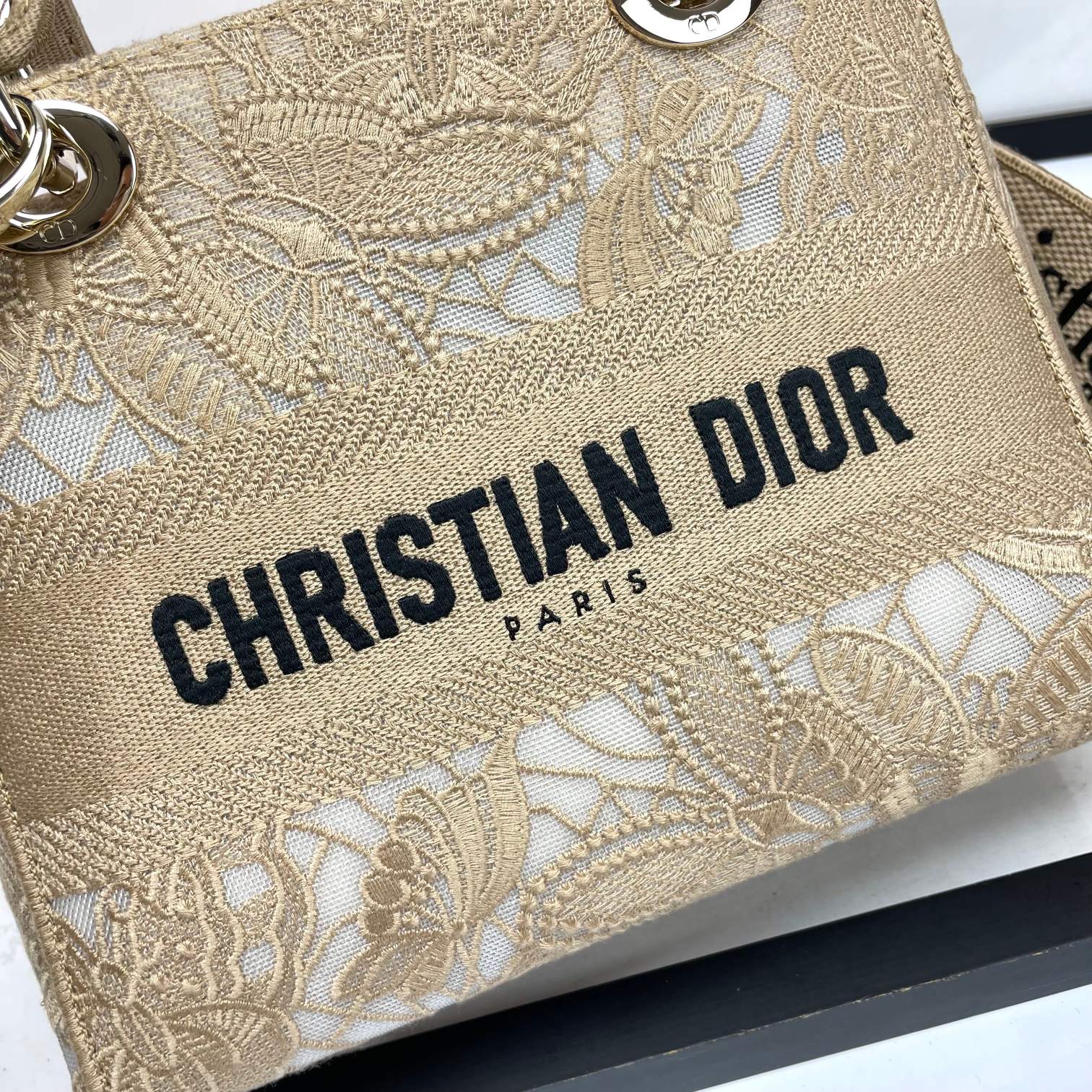 Christian Dior Lady D-Lite Beige Leaf Embroidered Medium Handbag