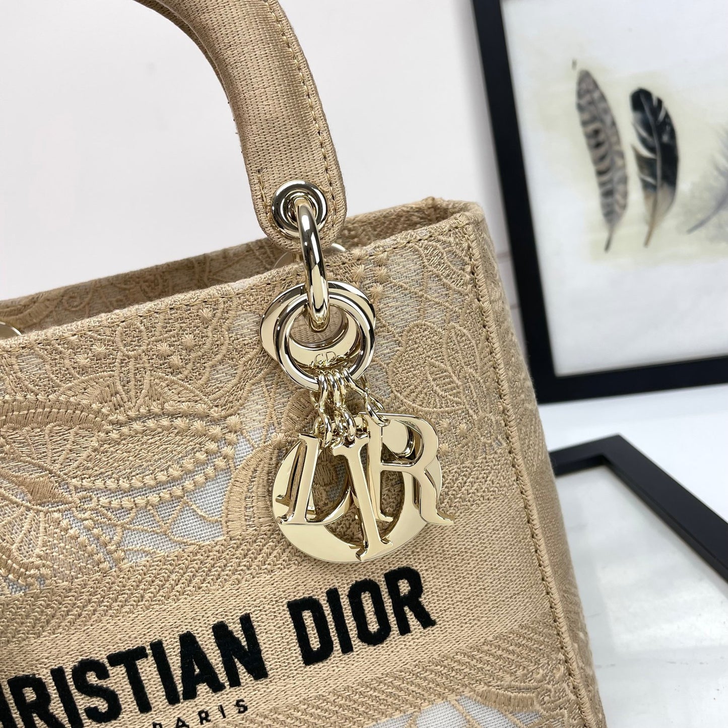 Christian Dior Lady D-Lite Bag Beige Embroidered Canvas Medium Handbag