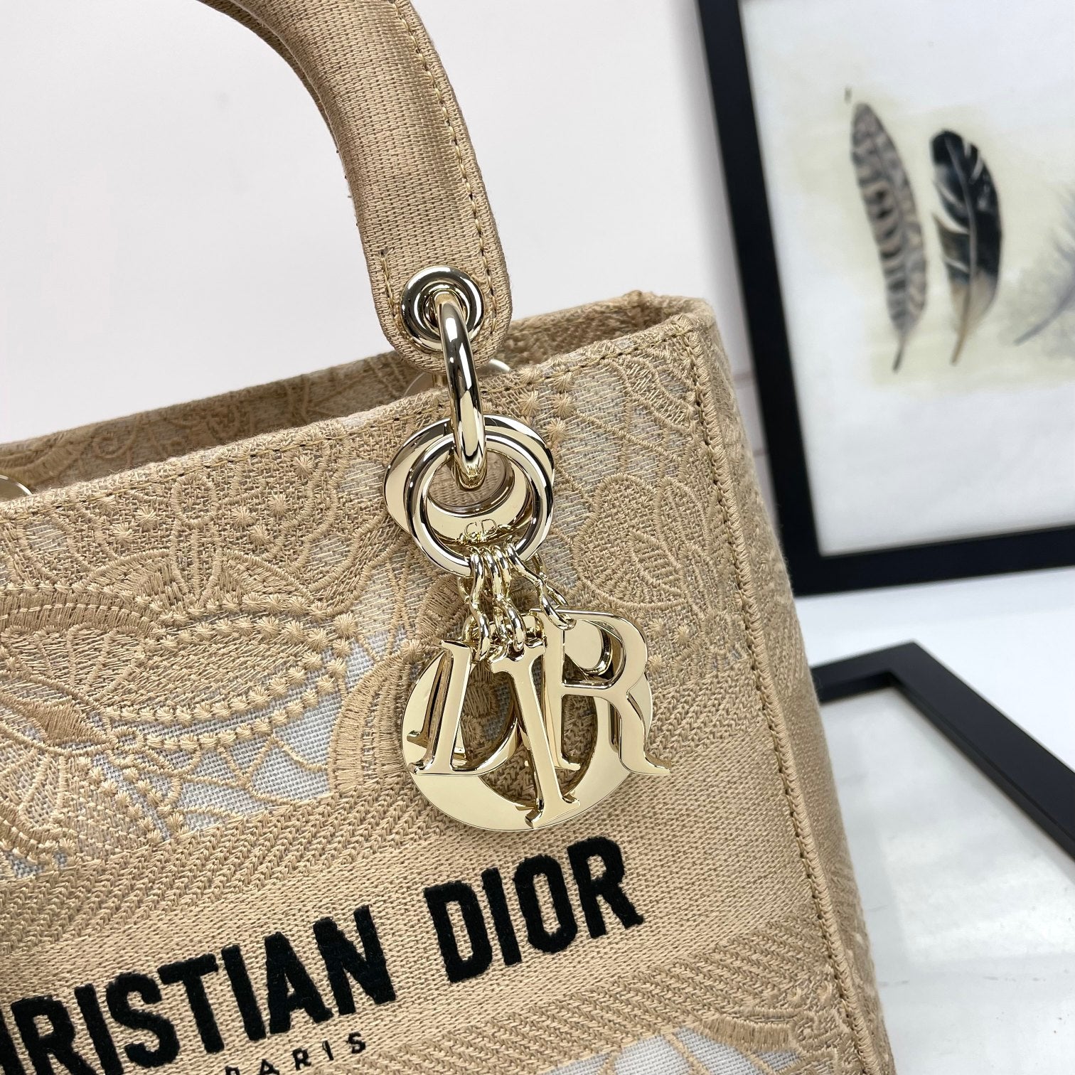 Christian Dior Lady D-Lite Bag Beige Embroidered Canvas Medium Handbag