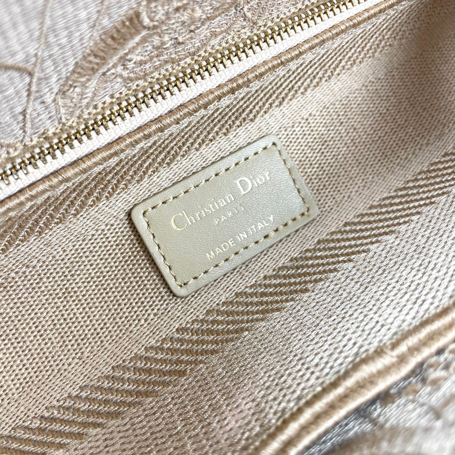 Dior Elegant Beige Embroidered Canvas Top Handle Handbag with Shoulder Strap