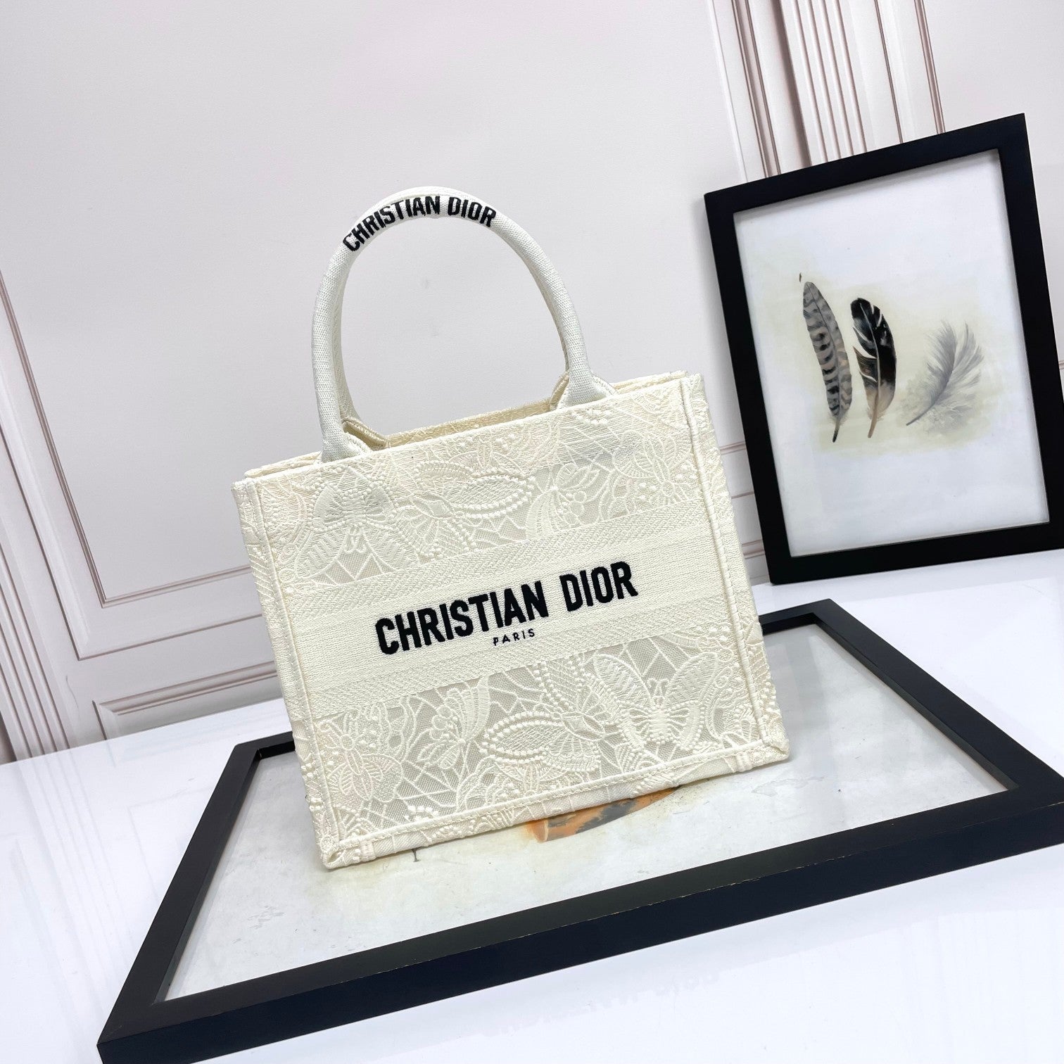 Dior Elegant White Floral Embroidered Canvas Tote Bag with Top Handles