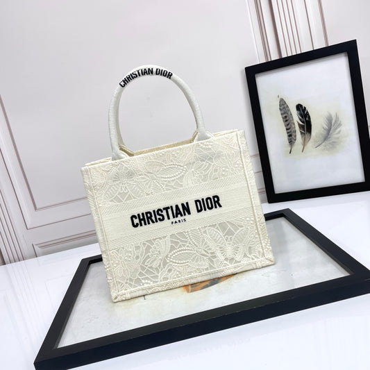 Dior Elegant White Floral Embroidered Canvas Tote Bag with Top Handles