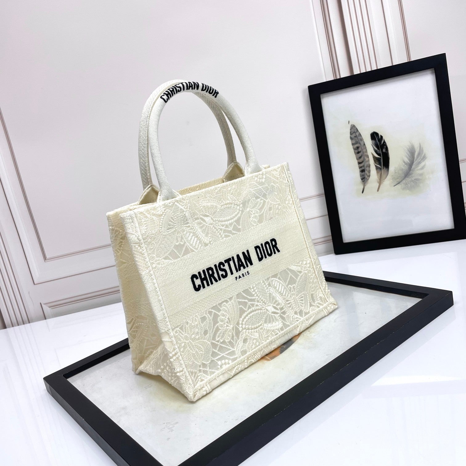 Dior Elegant Embroidered Floral Beige Canvas Tote Bag with Top Handles