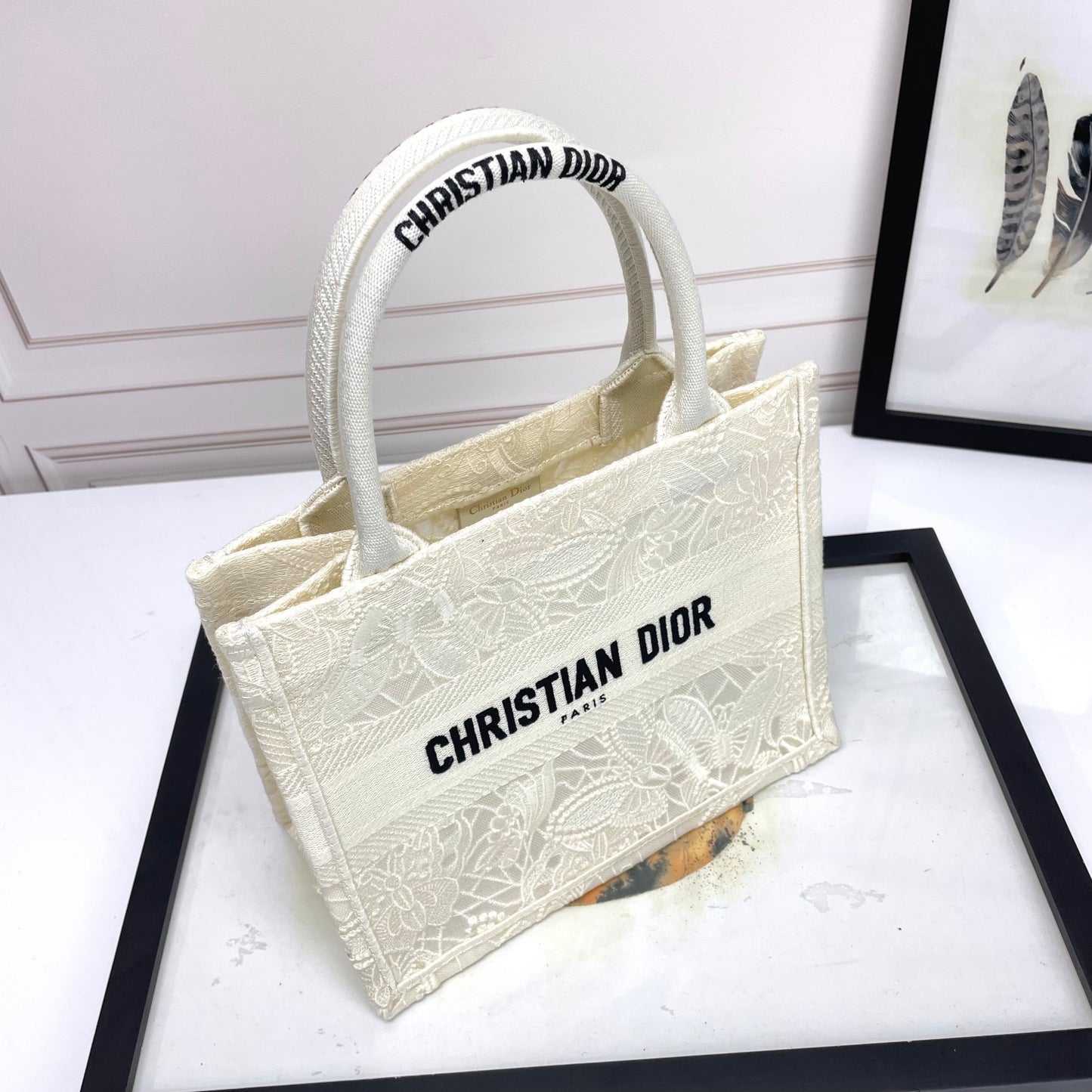 Dior Elegant White Floral Embroidered Canvas Tote Bag with Top Handles