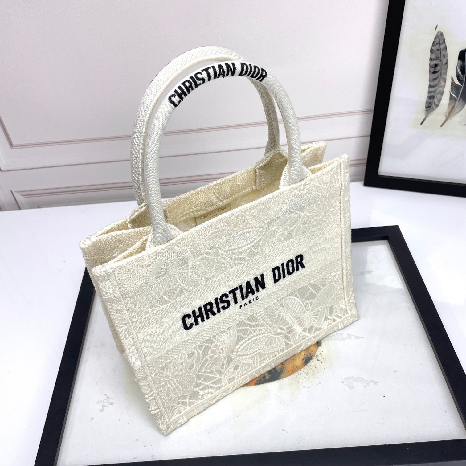 Dior Elegant Embroidered Floral Beige Canvas Tote Bag with Top Handles