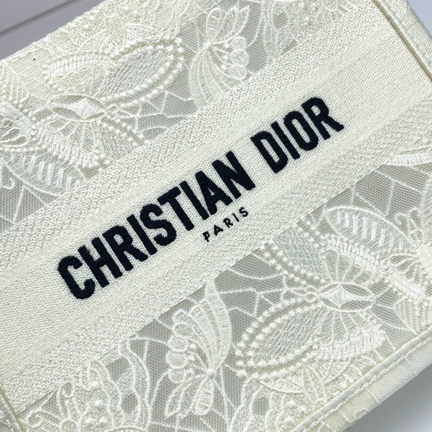 Dior Elegant Embroidered Floral Beige Canvas Tote Bag with Top Handles