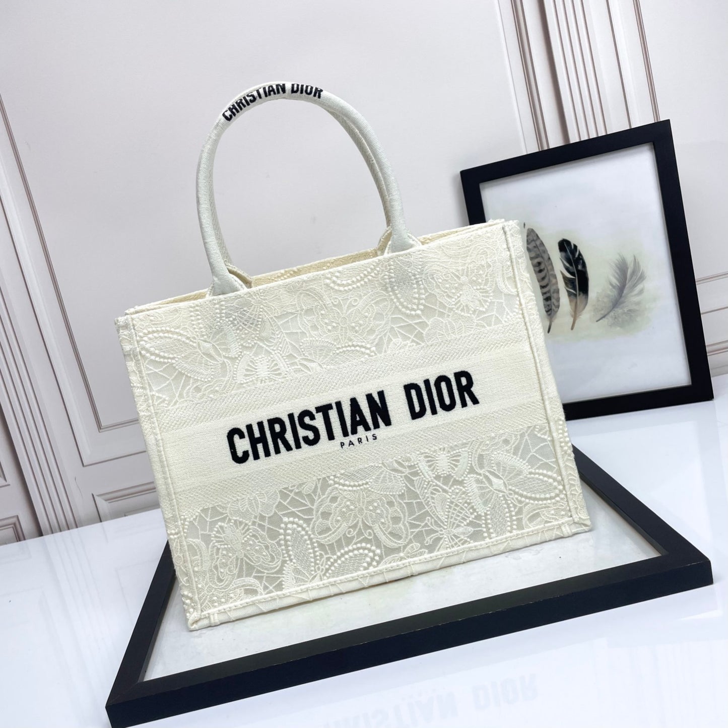 Dior Vintage Embroidered Canvas Tote Bag Floral Lace Shoulder Handbag