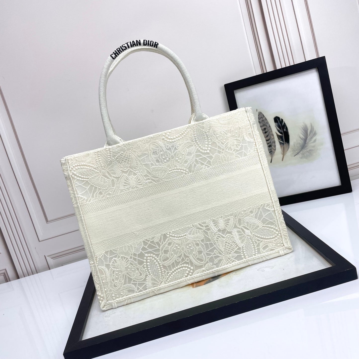 Dior Vintage Embroidered Canvas Tote Bag Floral Lace Shoulder Handbag
