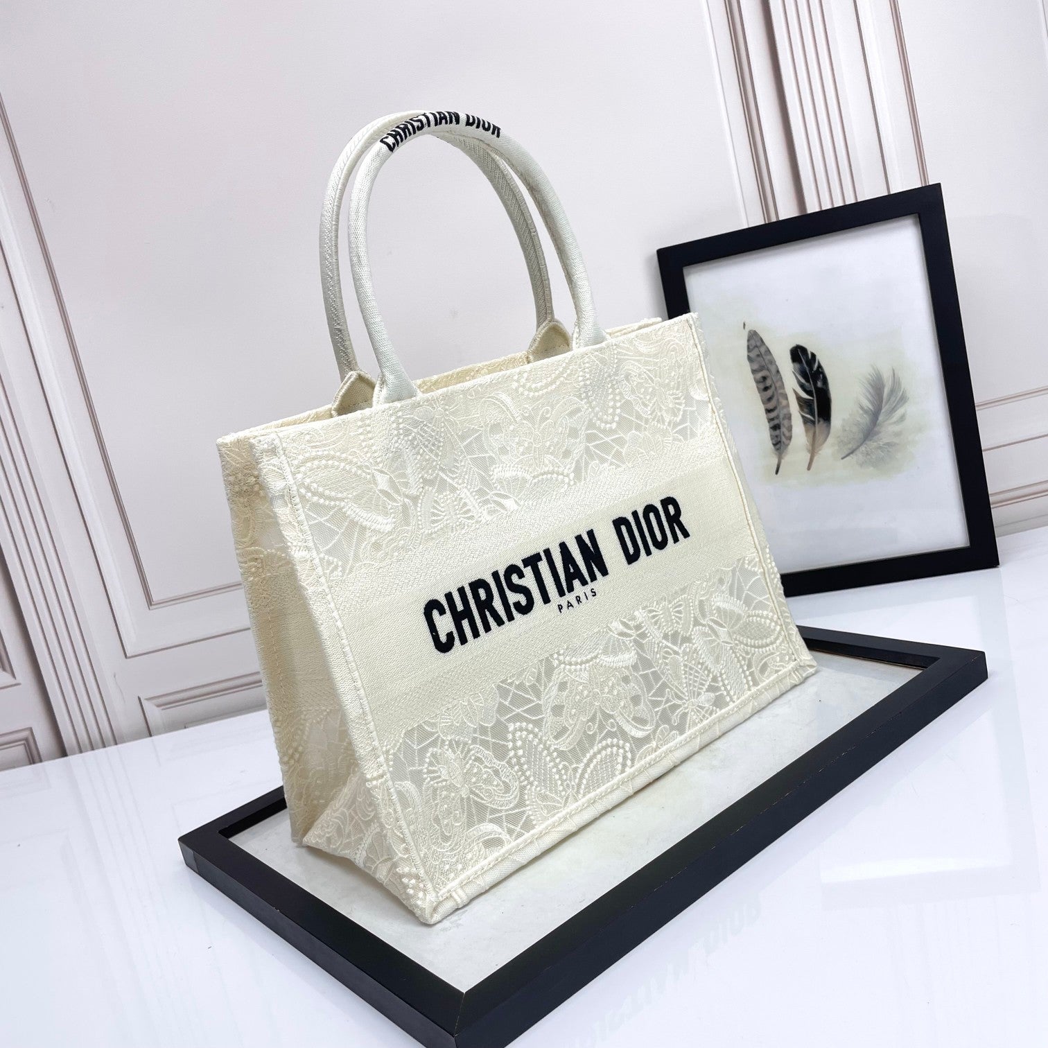 Dior Elegant Cream Canvas Tote Bag with Embroidered Lace Pattern