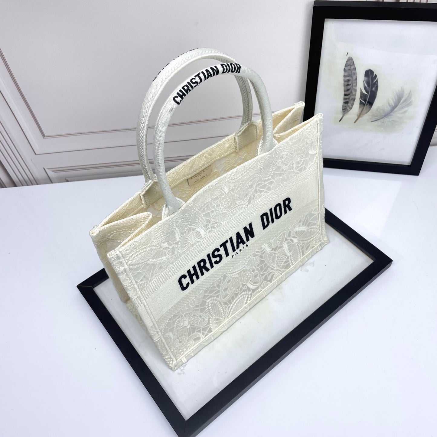 Dior Elegant Cream Canvas Tote Bag with Embroidered Lace Pattern