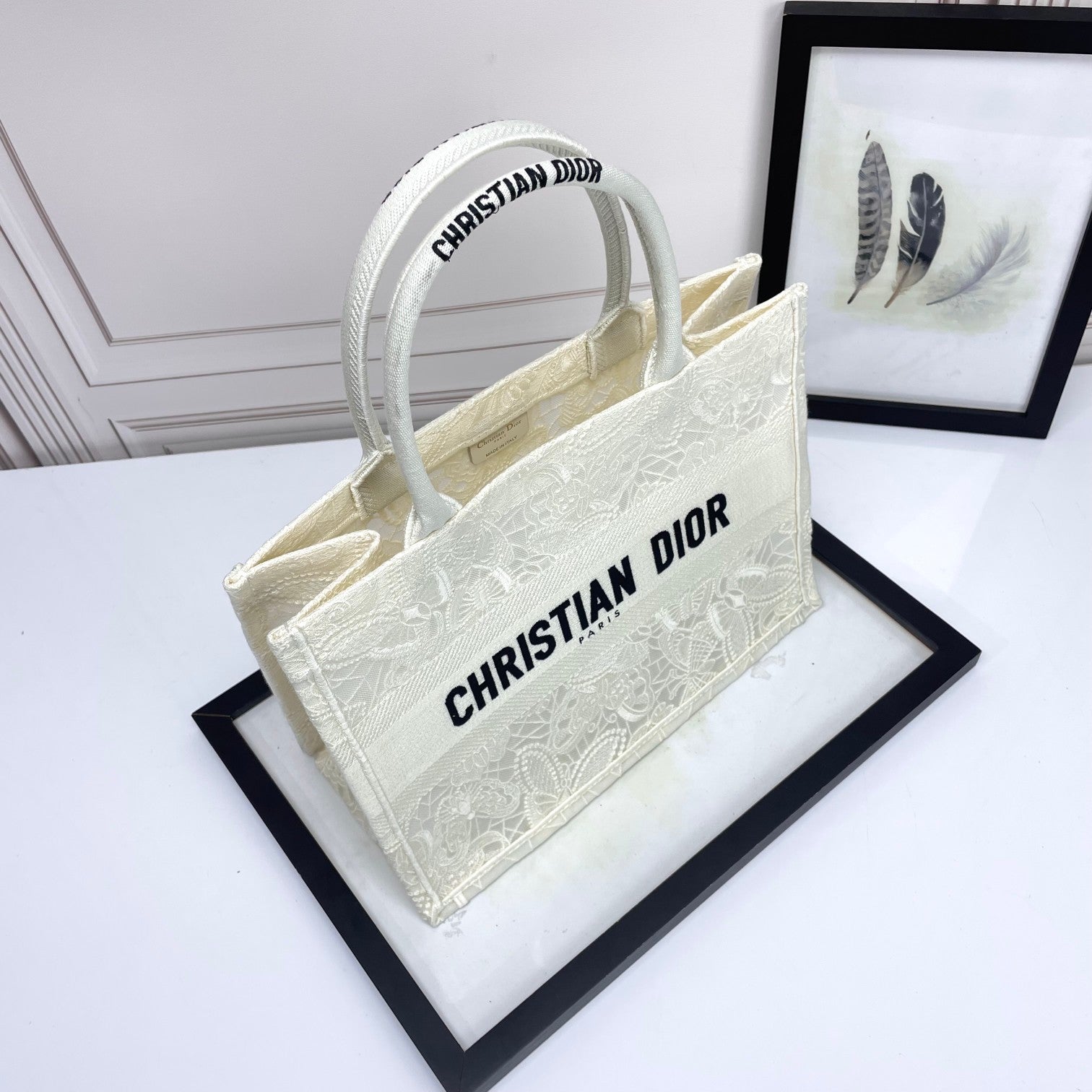 Dior Vintage Embroidered Canvas Tote Bag Floral Lace Shoulder Handbag