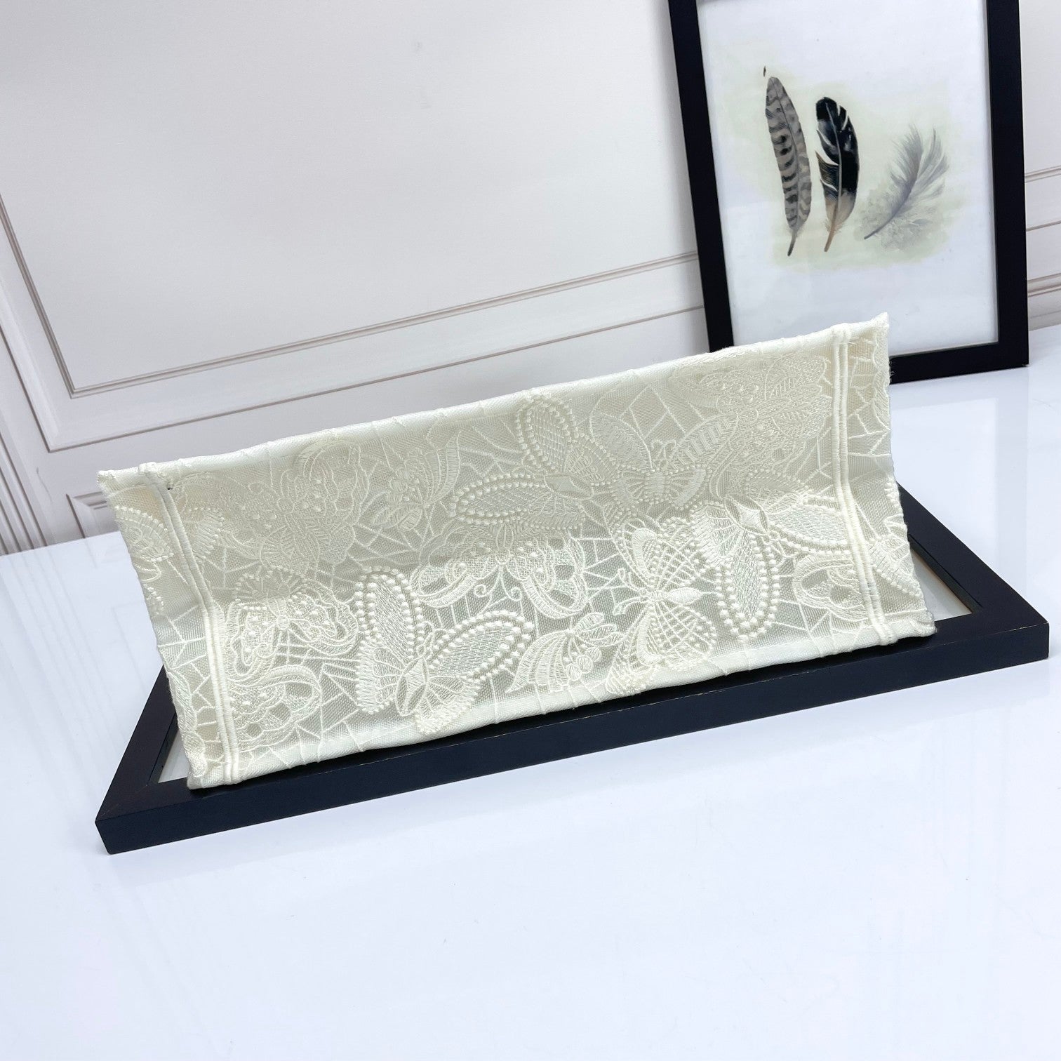 Dior Elegant Cream Canvas Tote Bag with Embroidered Lace Pattern