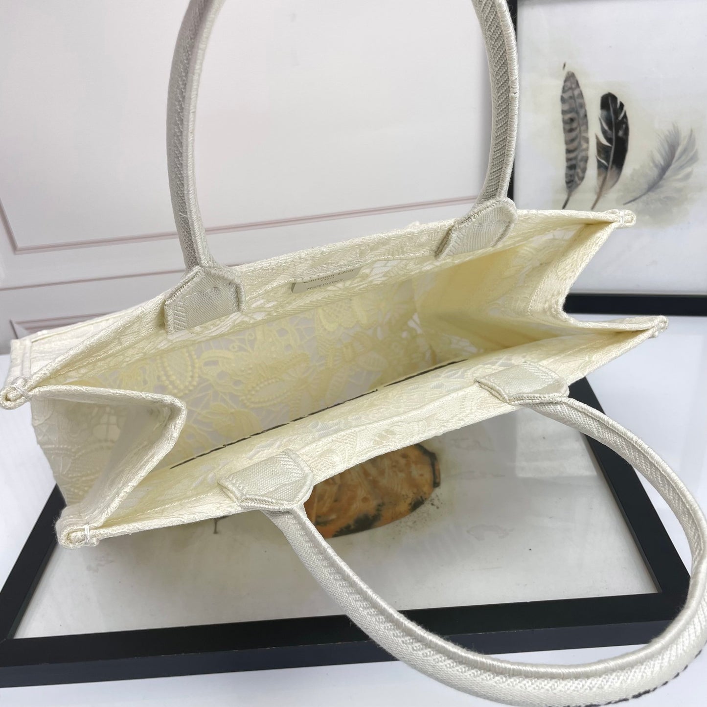 Dior Elegant Cream Canvas Tote Bag with Embroidered Lace Pattern
