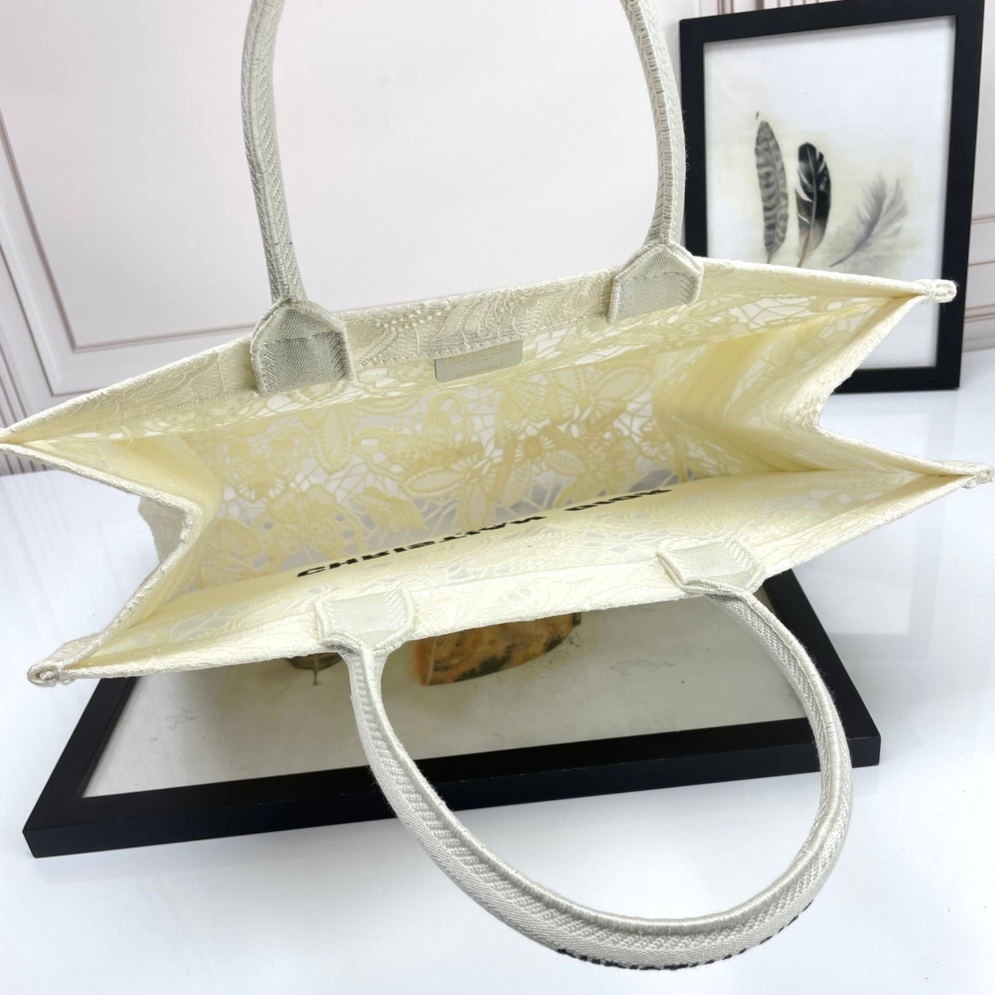 Dior Large Cream Floral Embroidered Canvas Tote Bag with Top Handles