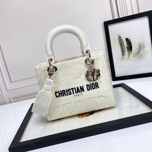 Dior Elegant White Floral Embroidered Canvas Handbag with Top Handle