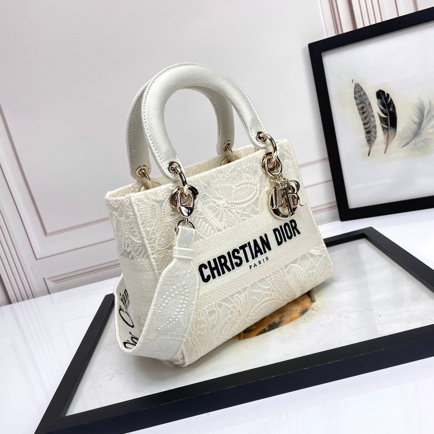 Dior White Floral Embroidered Canvas Top Handle Handbag