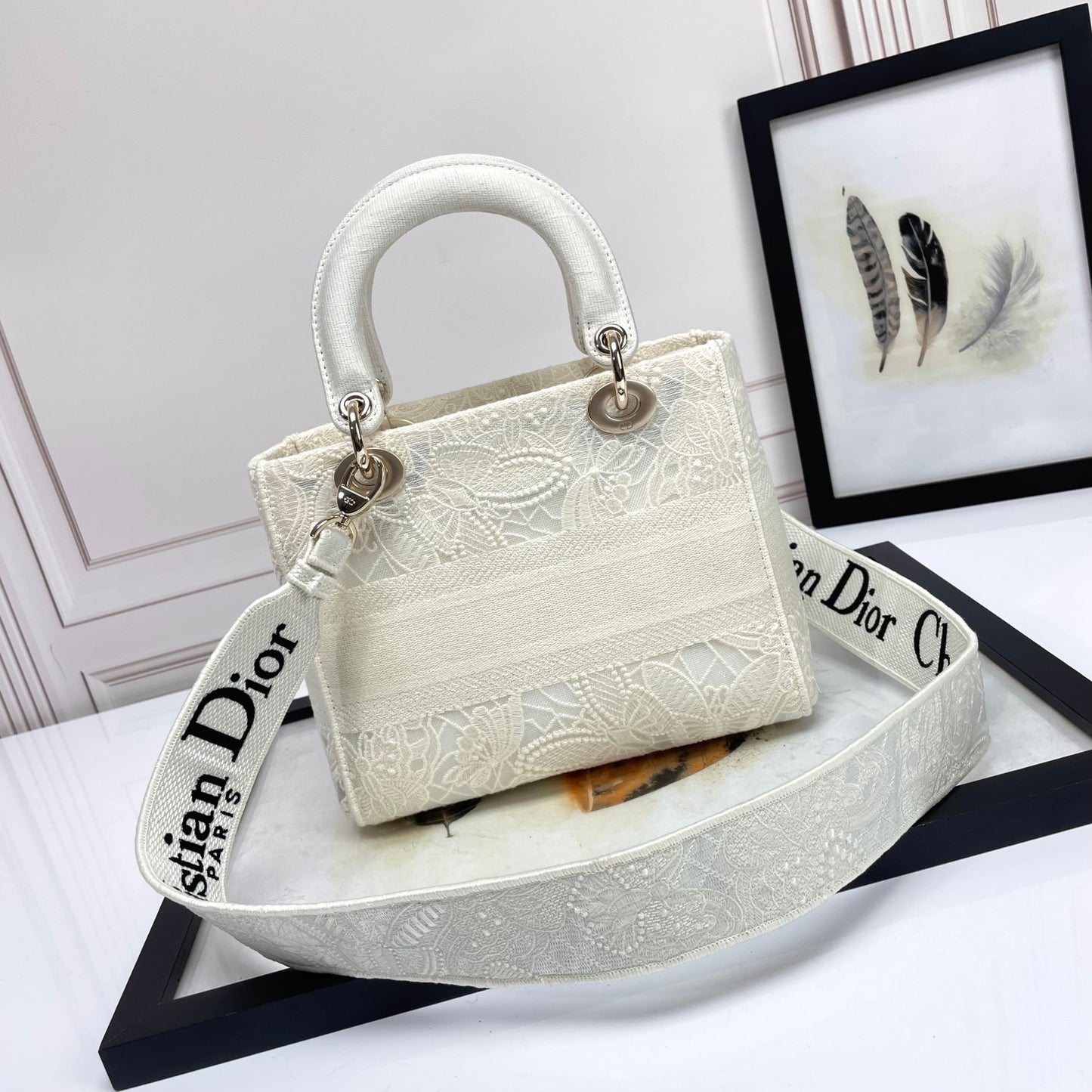 Dior White Floral Embroidered Canvas Top Handle Handbag