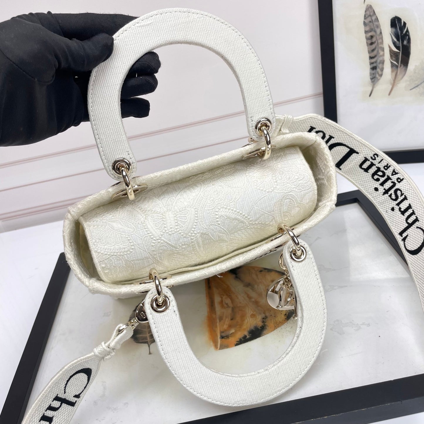 Dior Elegant White Embroidered Floral Canvas Top Handle Bag