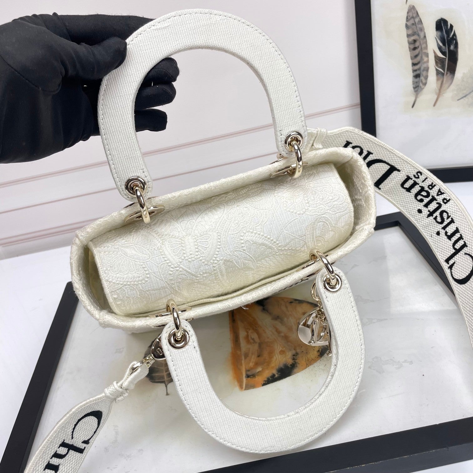 Dior White Embroidered Canvas Top Handle Handbag with Charms
