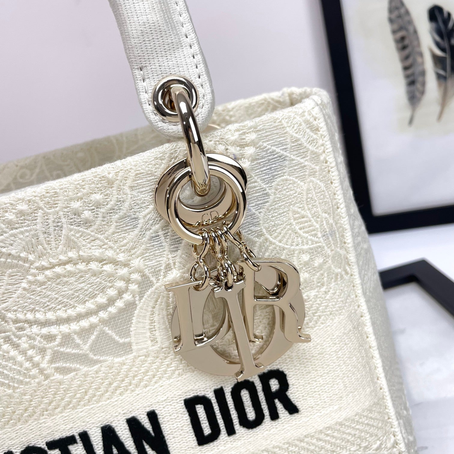 Dior Elegant White Embroidered Floral Canvas Top Handle Bag