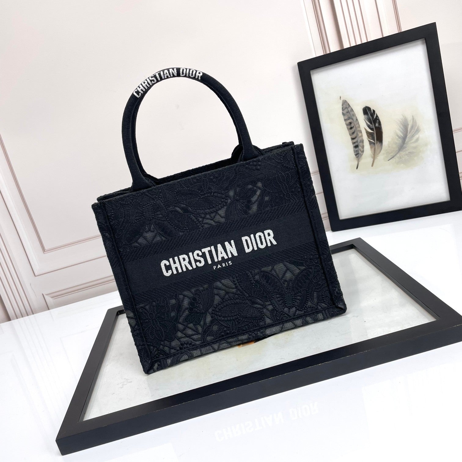Christian Dior Small Book Tote Bag - Black Embroidered Canvas
