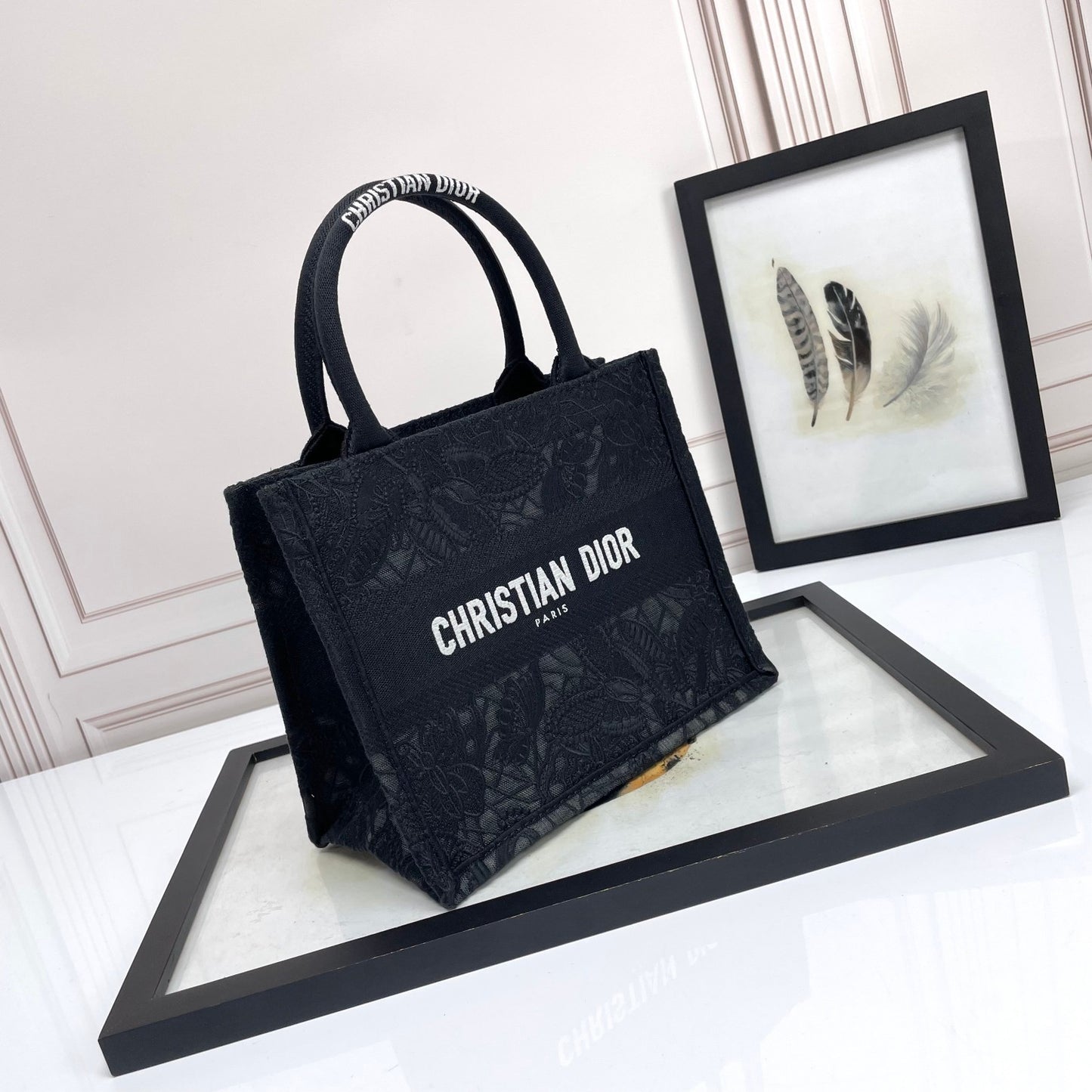 Dior Black Embroidered Canvas Tote Bag Luxury Style Top Handle Handbag