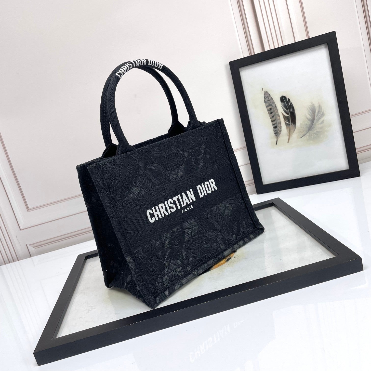 Dior Luxury Black Embroidered Canvas Tote Bag with Structured Top Handles