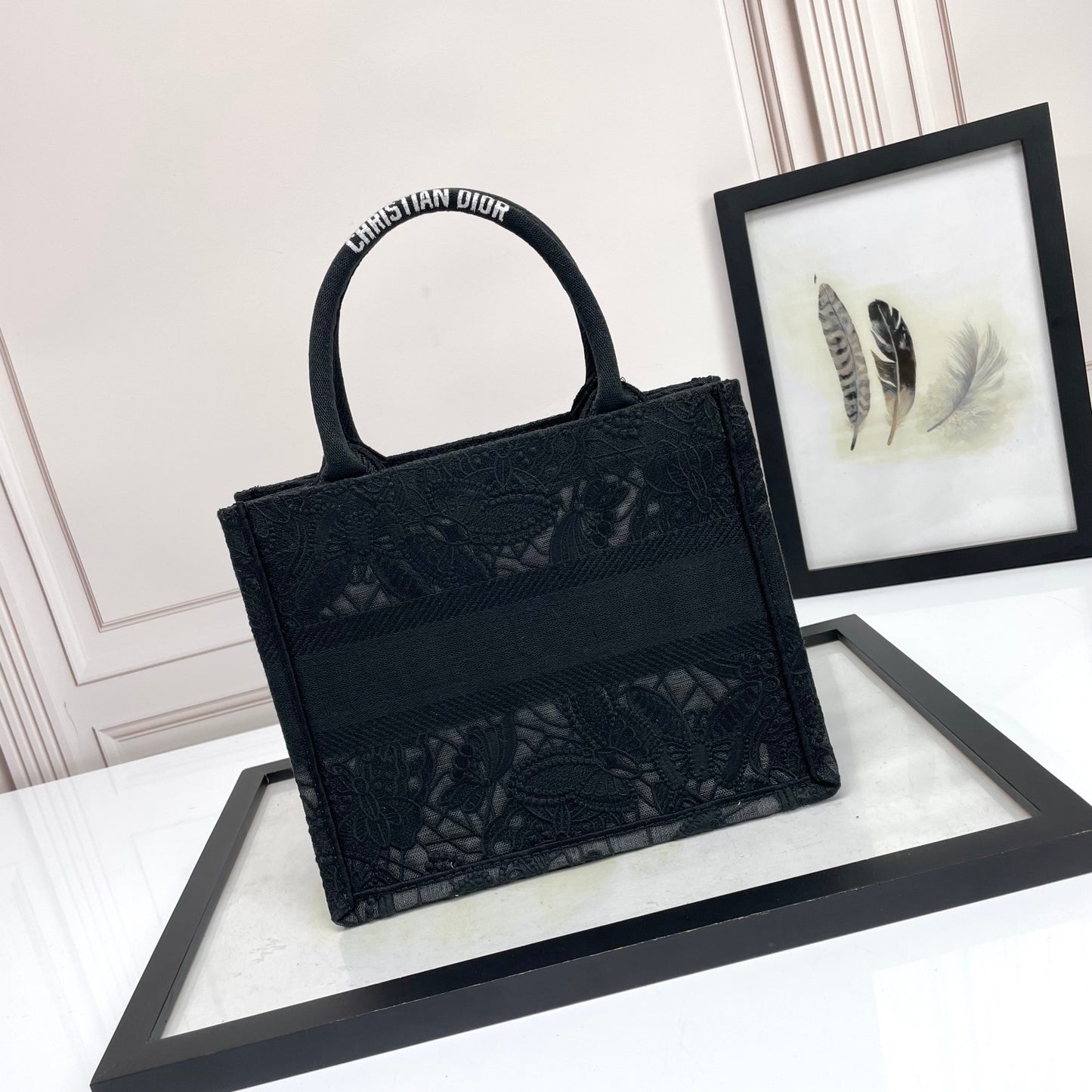 Dior Black Embroidered Canvas Tote Bag Luxury Style Top Handle Handbag