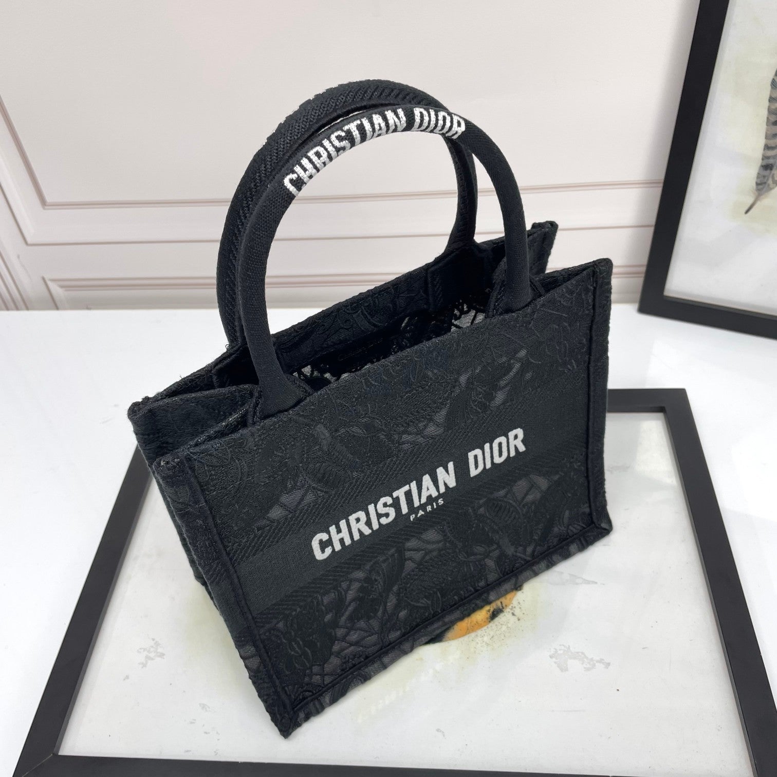 Dior Luxury Black Embroidered Canvas Tote Bag with Structured Top Handles