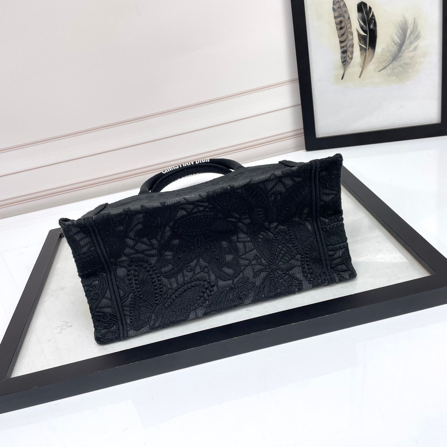 Dior Luxury Black Embroidered Canvas Tote Bag with Structured Top Handles