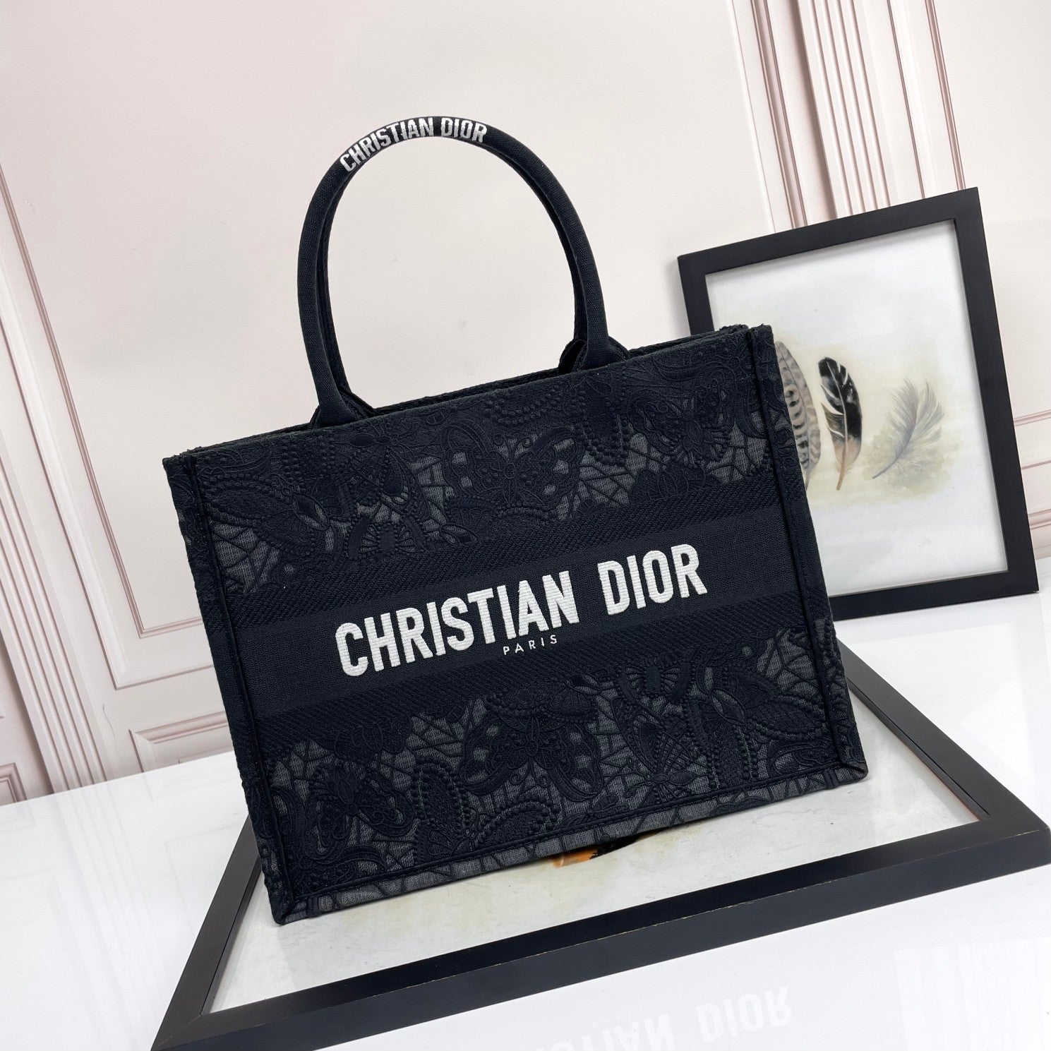 Dior Black Floral Lace Embroidered Canvas Tote Bag with Top Handles
