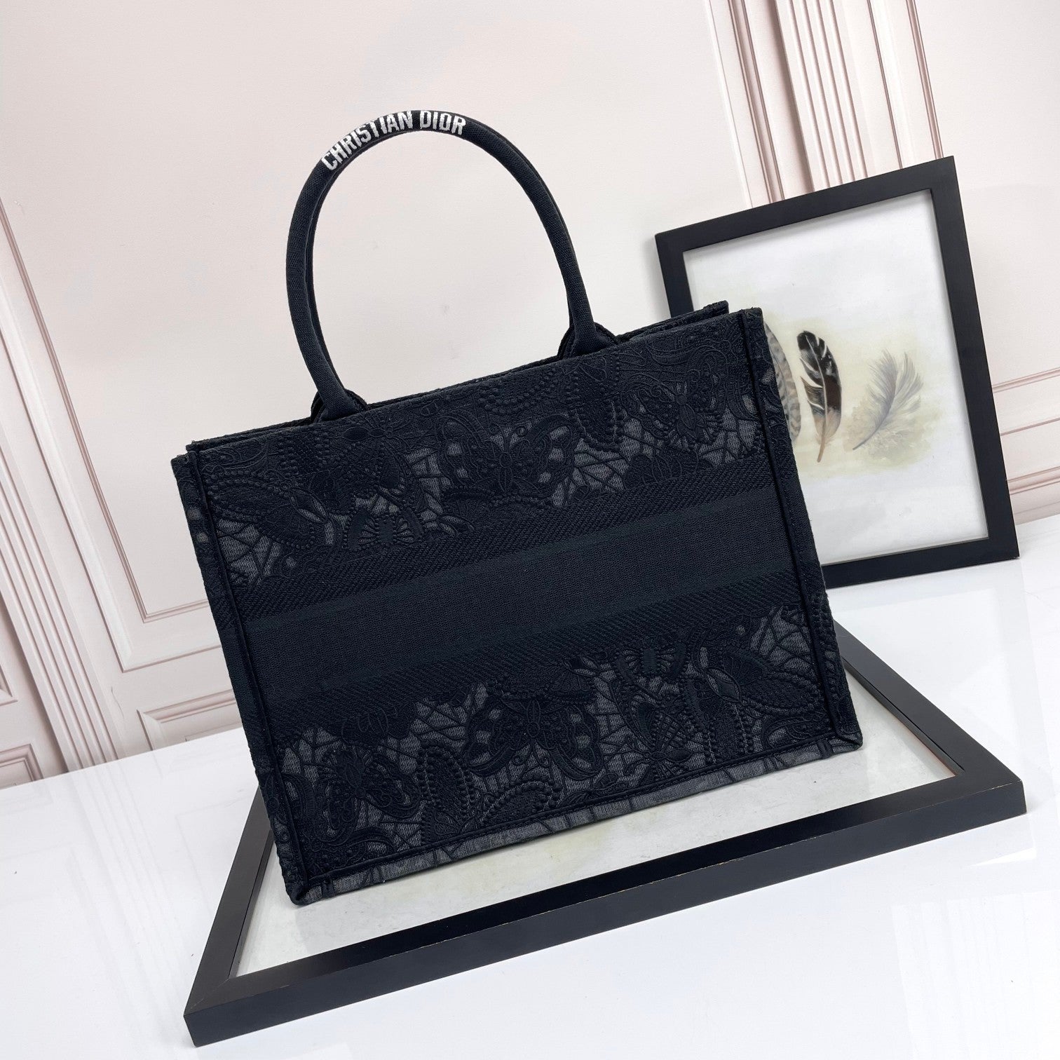 Dior Black Floral Embroidered Canvas Tote Bag with Top Handles