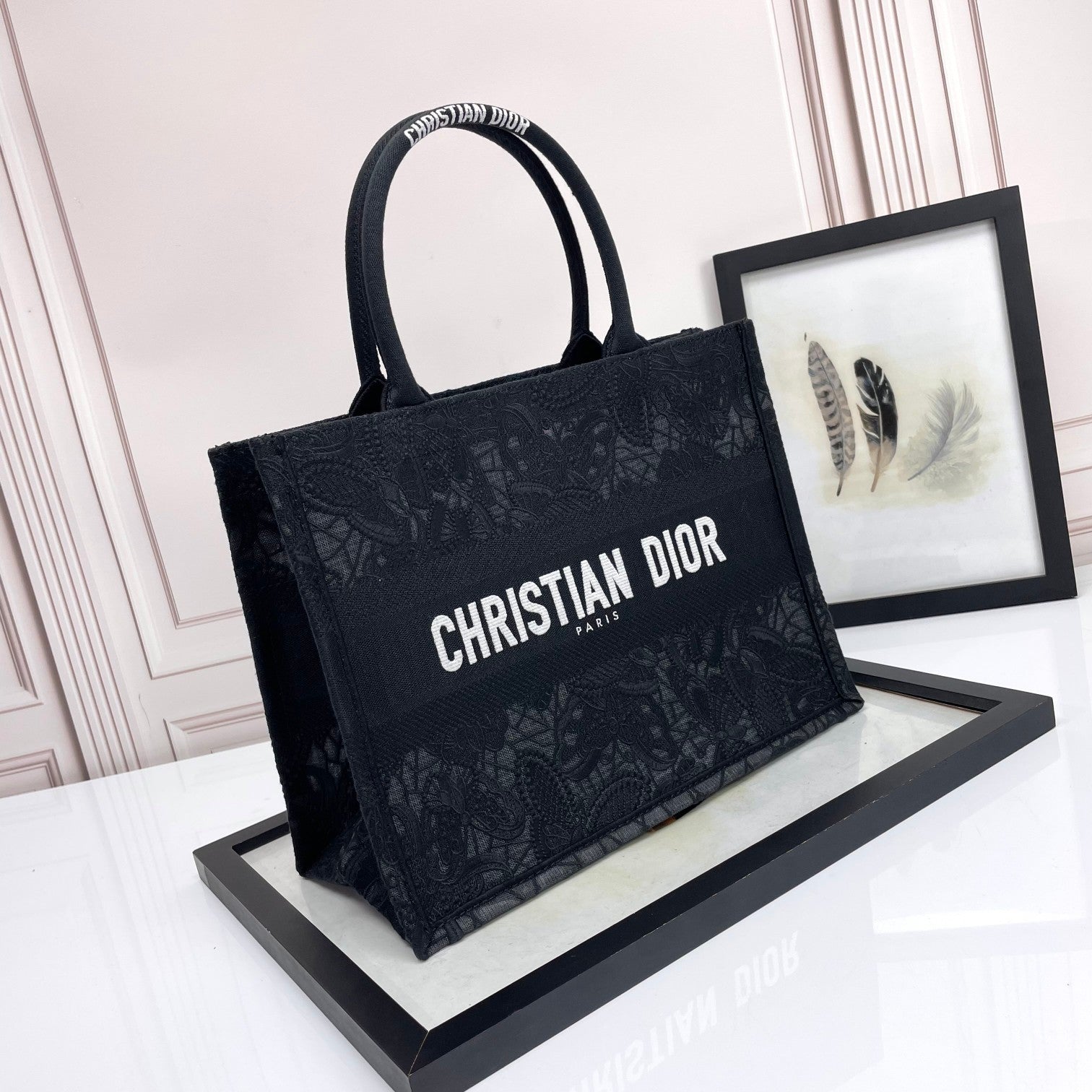 Dior Black Floral Lace Embroidered Canvas Tote Bag with Top Handles