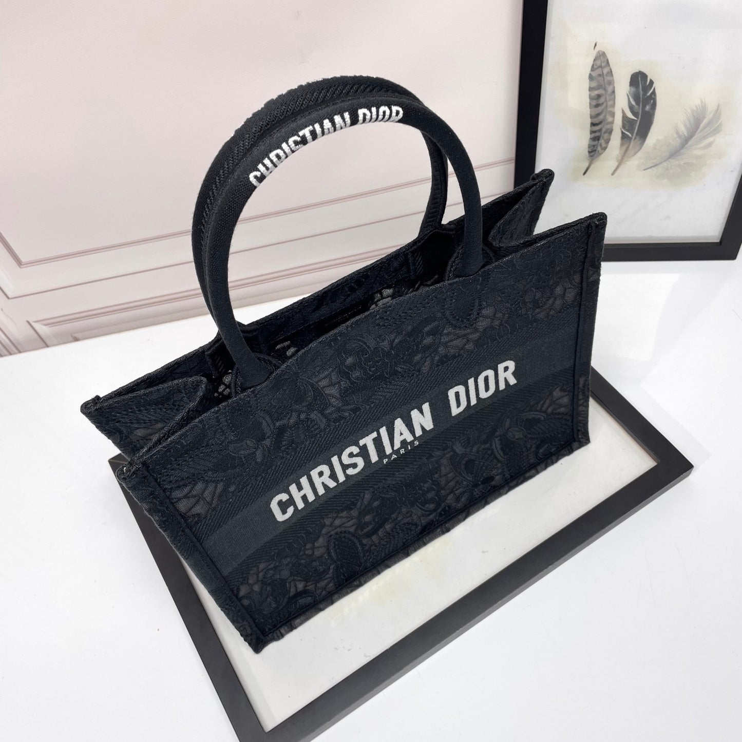 Dior Black Floral Lace Embroidered Canvas Tote Bag with Top Handles