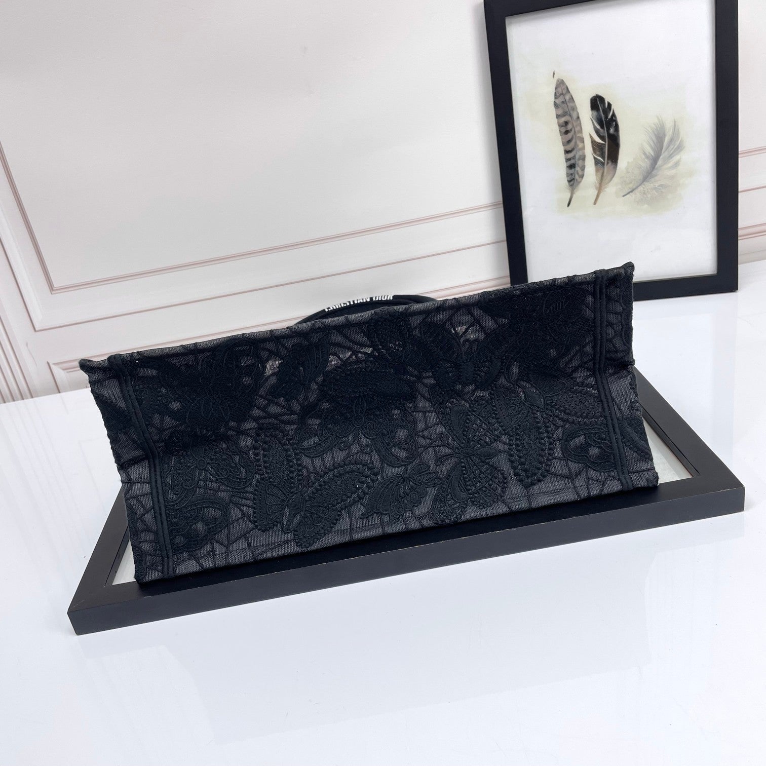 Dior Black Floral Embroidered Canvas Tote Bag with Top Handles