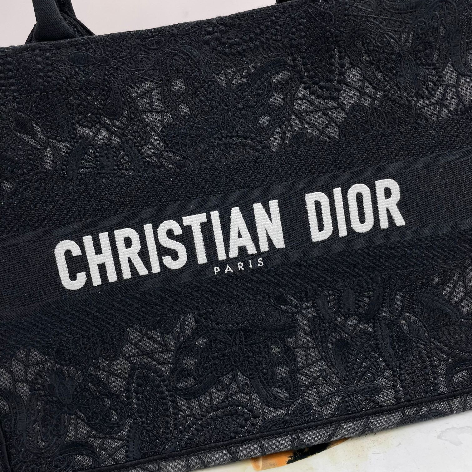 Dior Black Floral Embroidered Canvas Tote Bag with Top Handles
