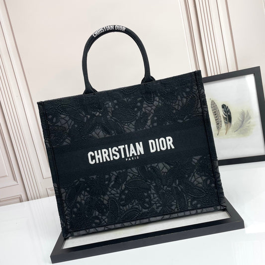 Dior Elegant Black Embroidered Floral Canvas Tote Bag with Top Handles
