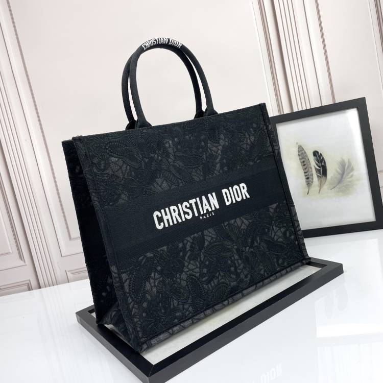 Dior Black Lace Embroidered Canvas Tote Bag Top Handle Shopper