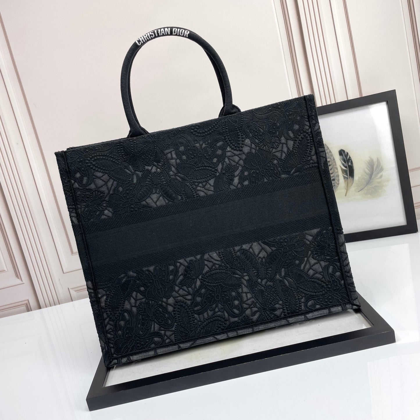 Dior Black Lace Embroidered Canvas Tote Bag Top Handle Shopper