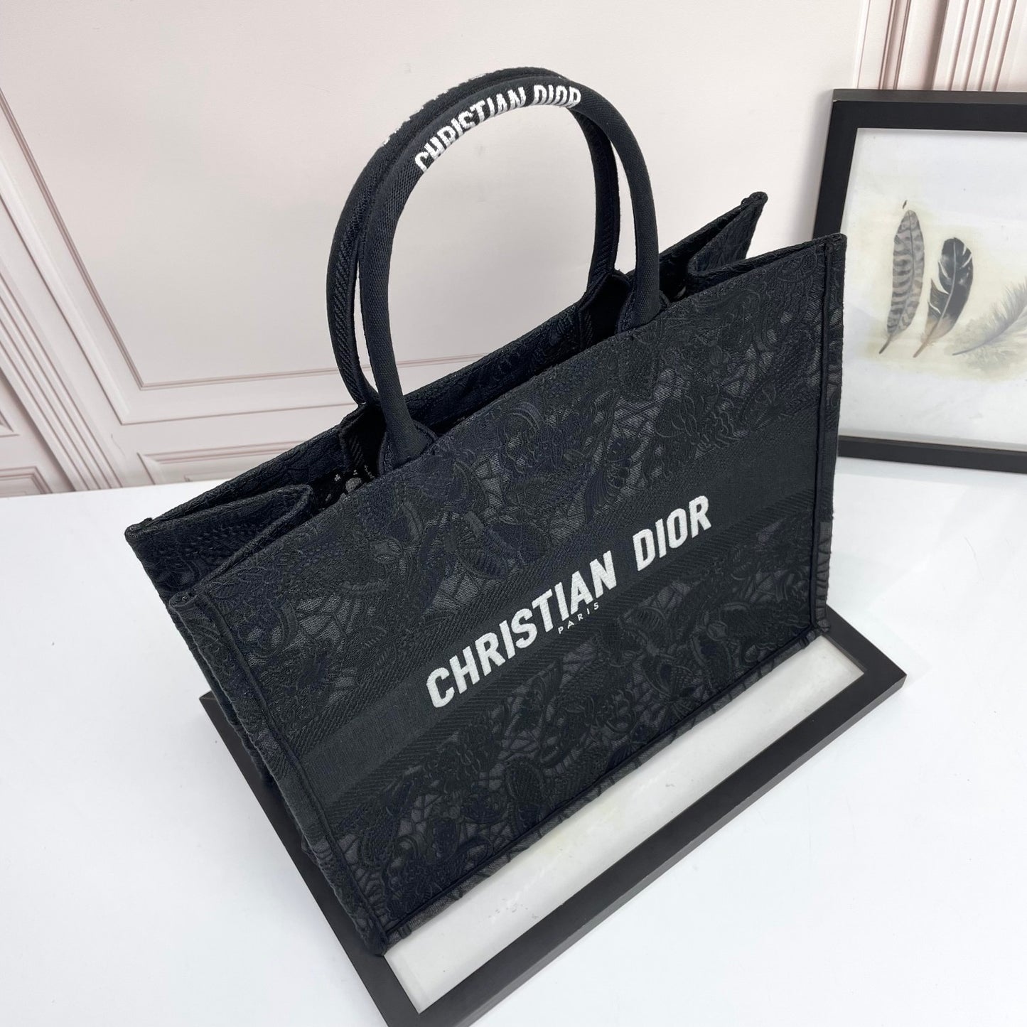 Dior Black Lace Embroidered Canvas Tote Bag Top Handle Shopper