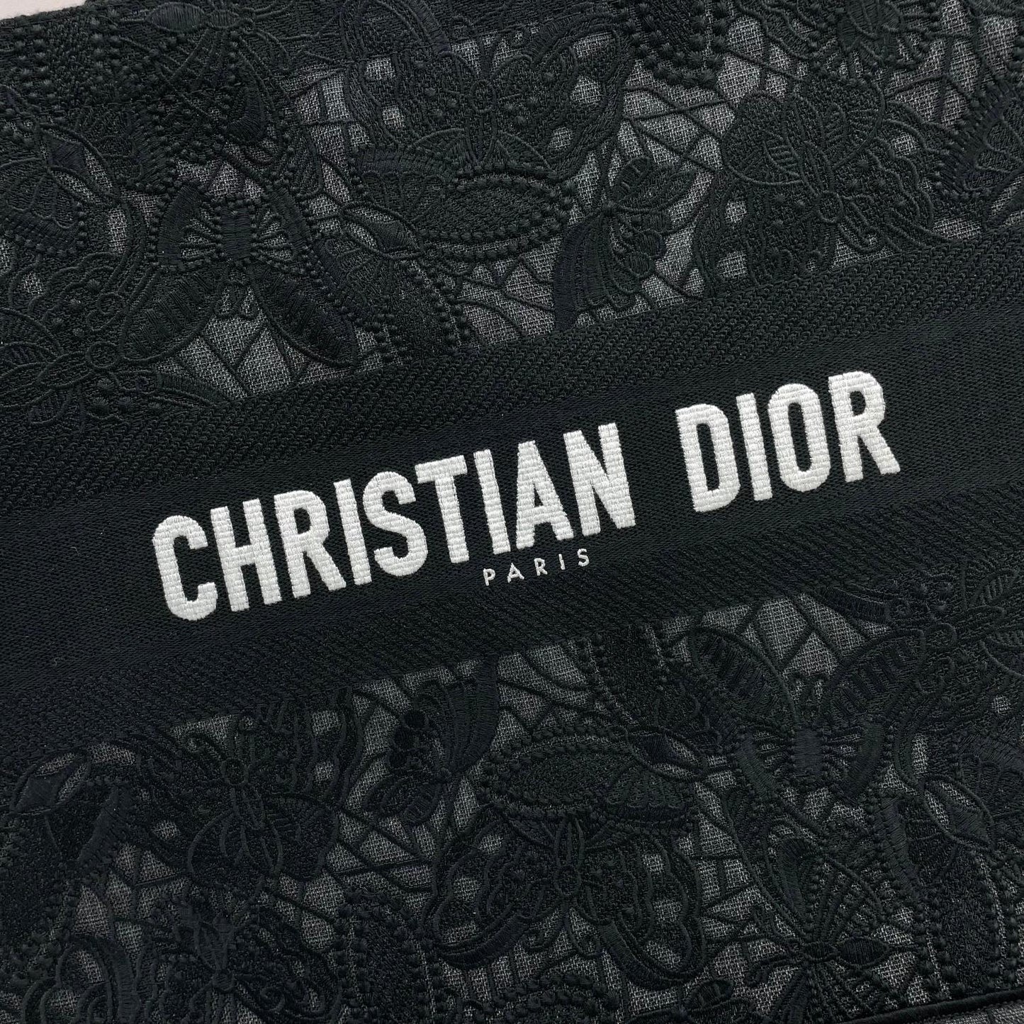 Dior Elegant Black Embroidered Floral Canvas Tote Bag with Top Handles