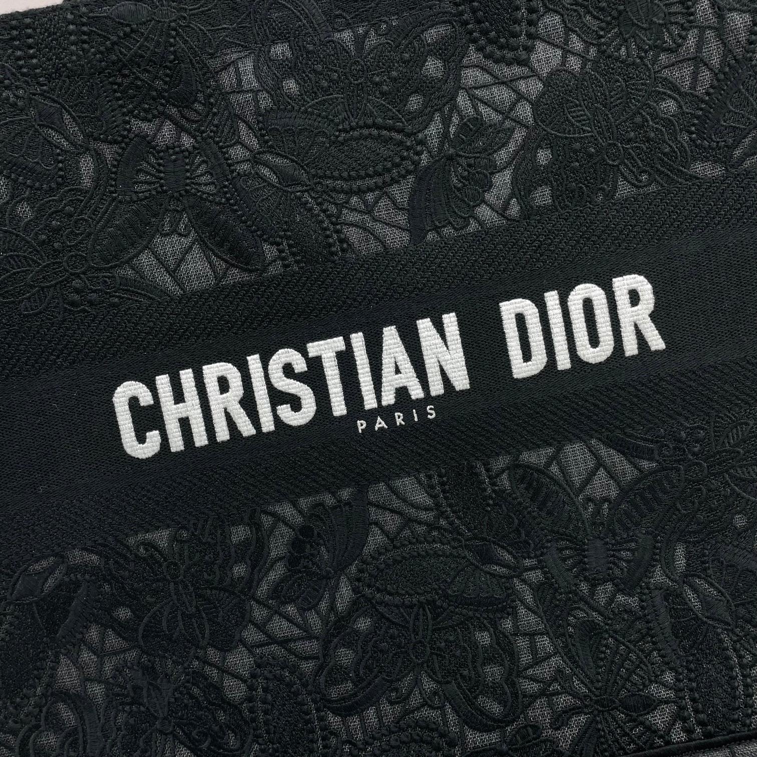 Dior Elegant Black Embroidered Floral Canvas Tote Bag with Top Handles