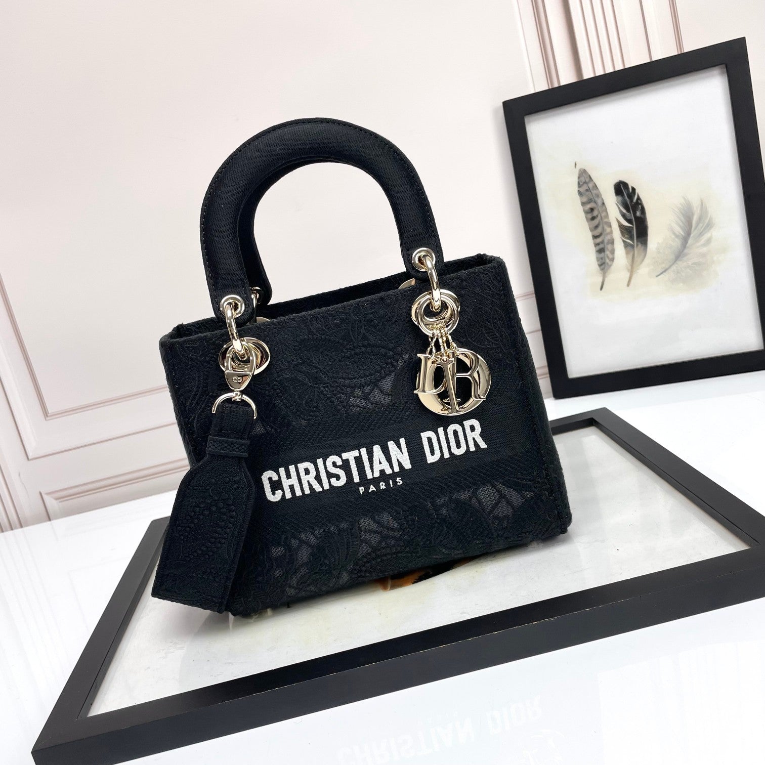 Dior Classic Black Embroidered Canvas Tote Bag with Top Handle