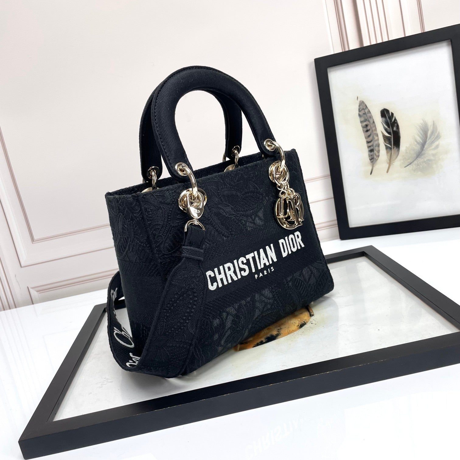 Christian Dior Lady D-Lite Bag Black Embroidered Cannage Medium