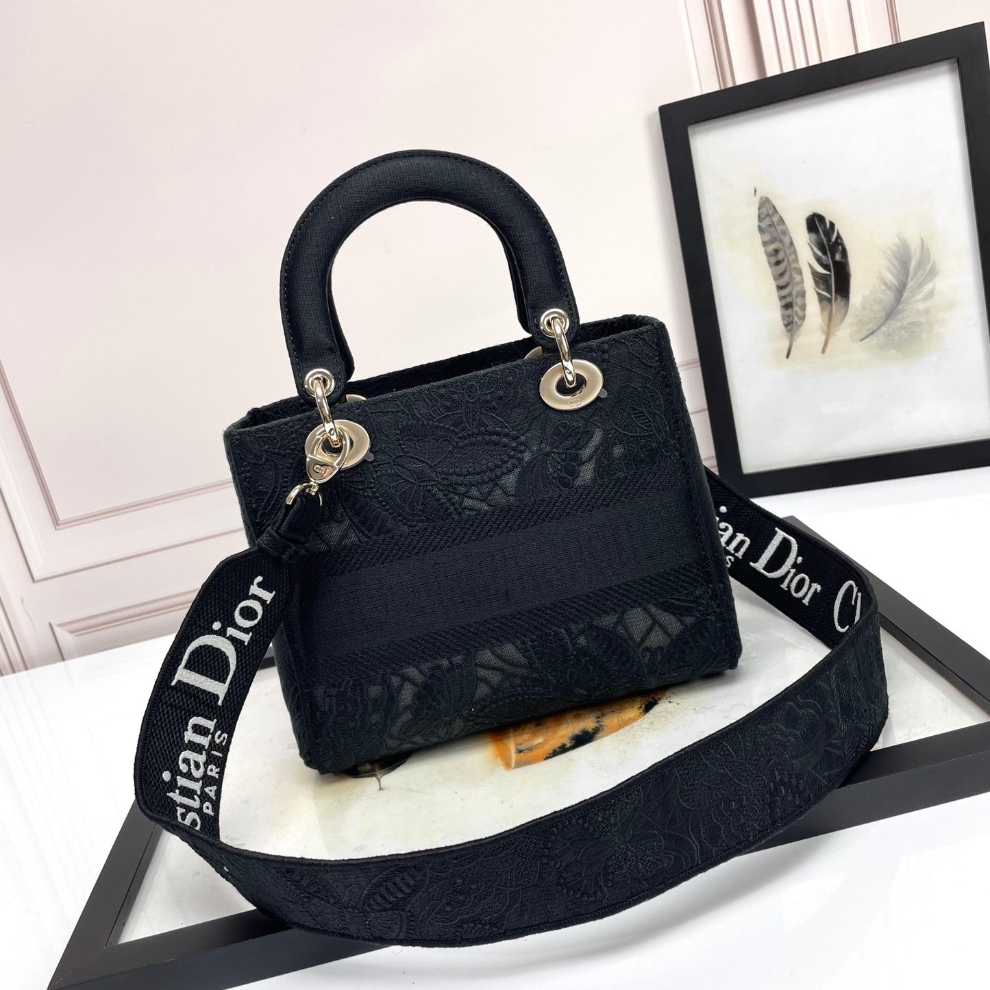 Christian Dior Lady D-Lite Bag Black Embroidered Cannage Medium