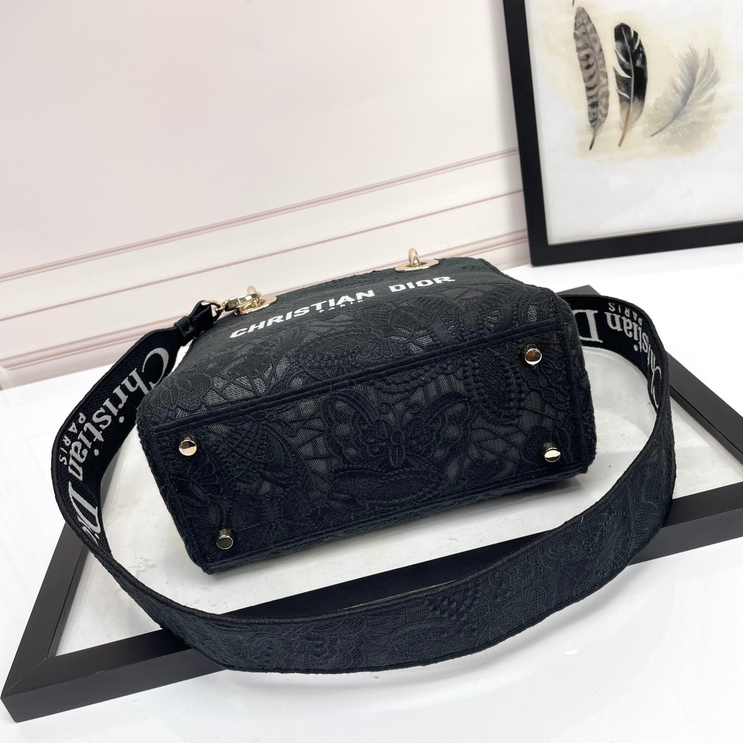 Dior Elegant Black Embroidered Canvas Handbag with Top Handle