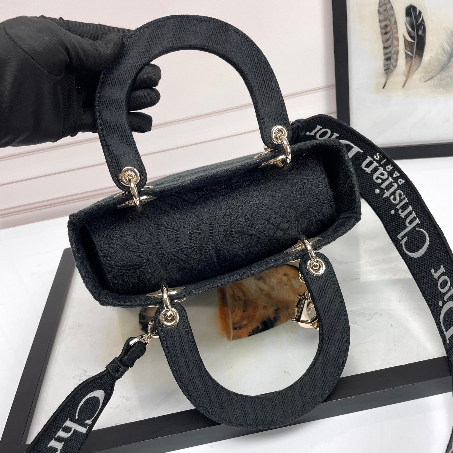Dior Elegant Black Embroidered Canvas Handbag with Top Handle
