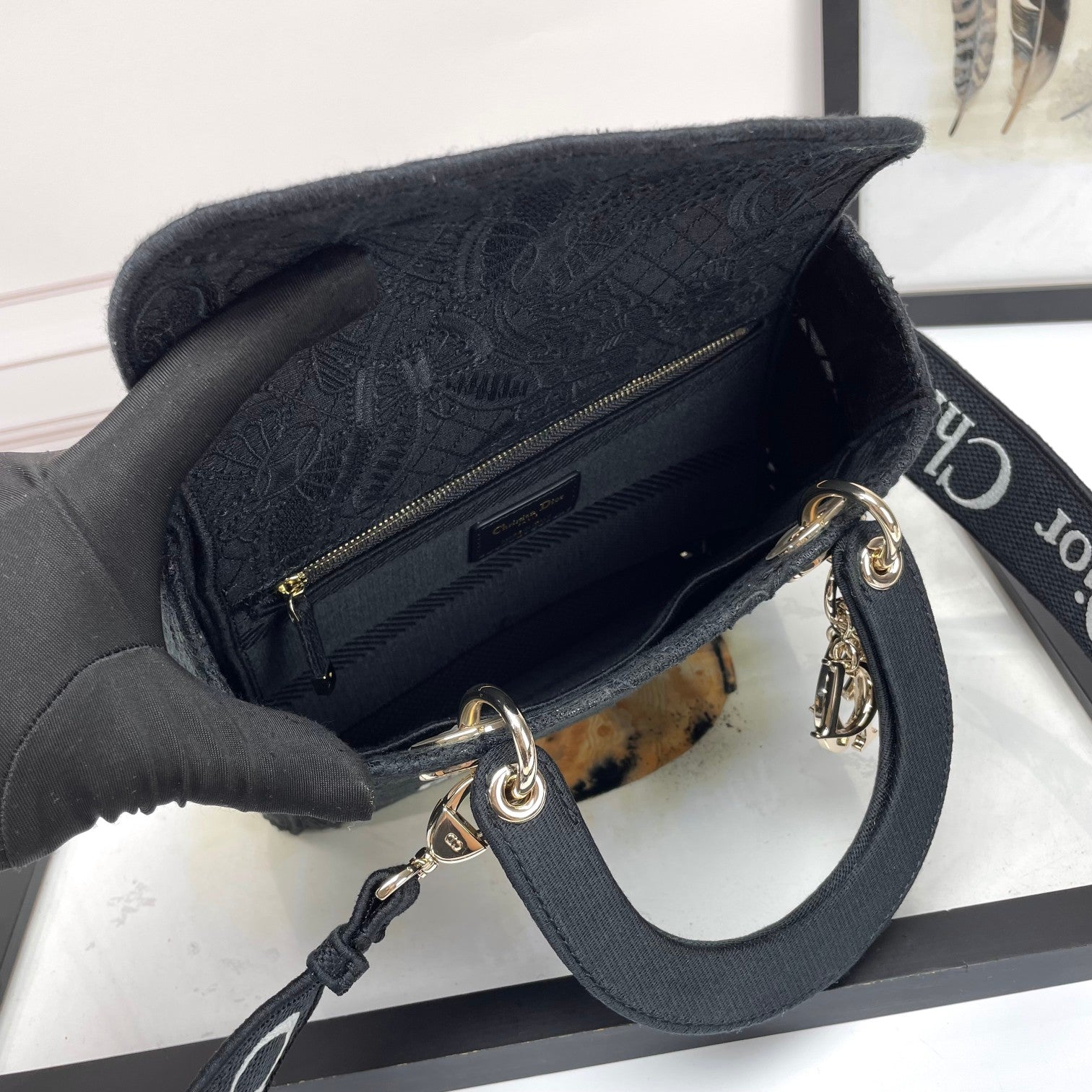 Dior Elegant Black Embroidered Canvas Handbag with Top Handle